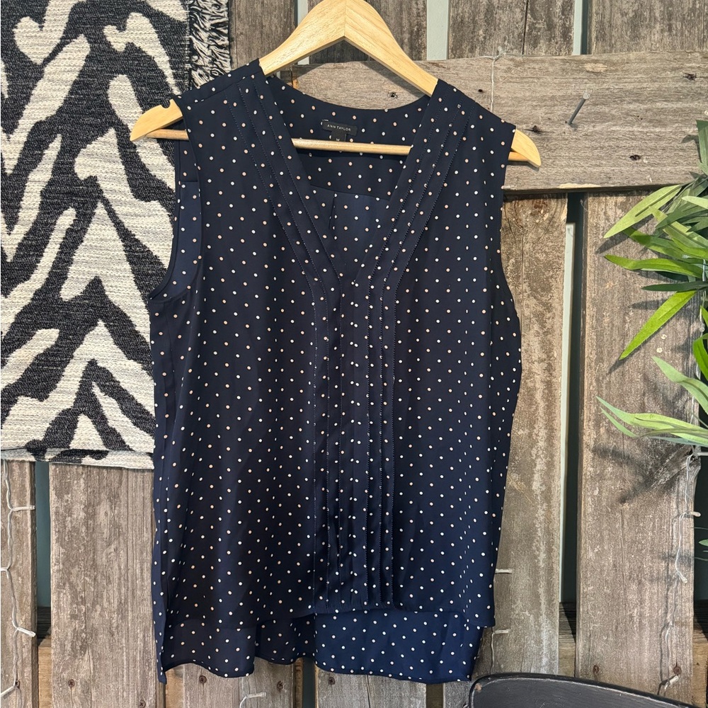 Ann Taylor Navy Sleeveless Polka Dot Blouse